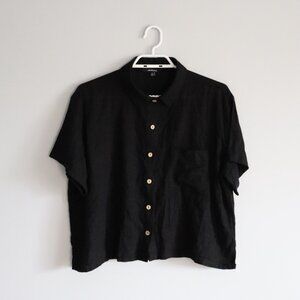 Ambiance Women's Black Sz Lrg Buttoned Linen Collared Short Sleeve Blouse Top